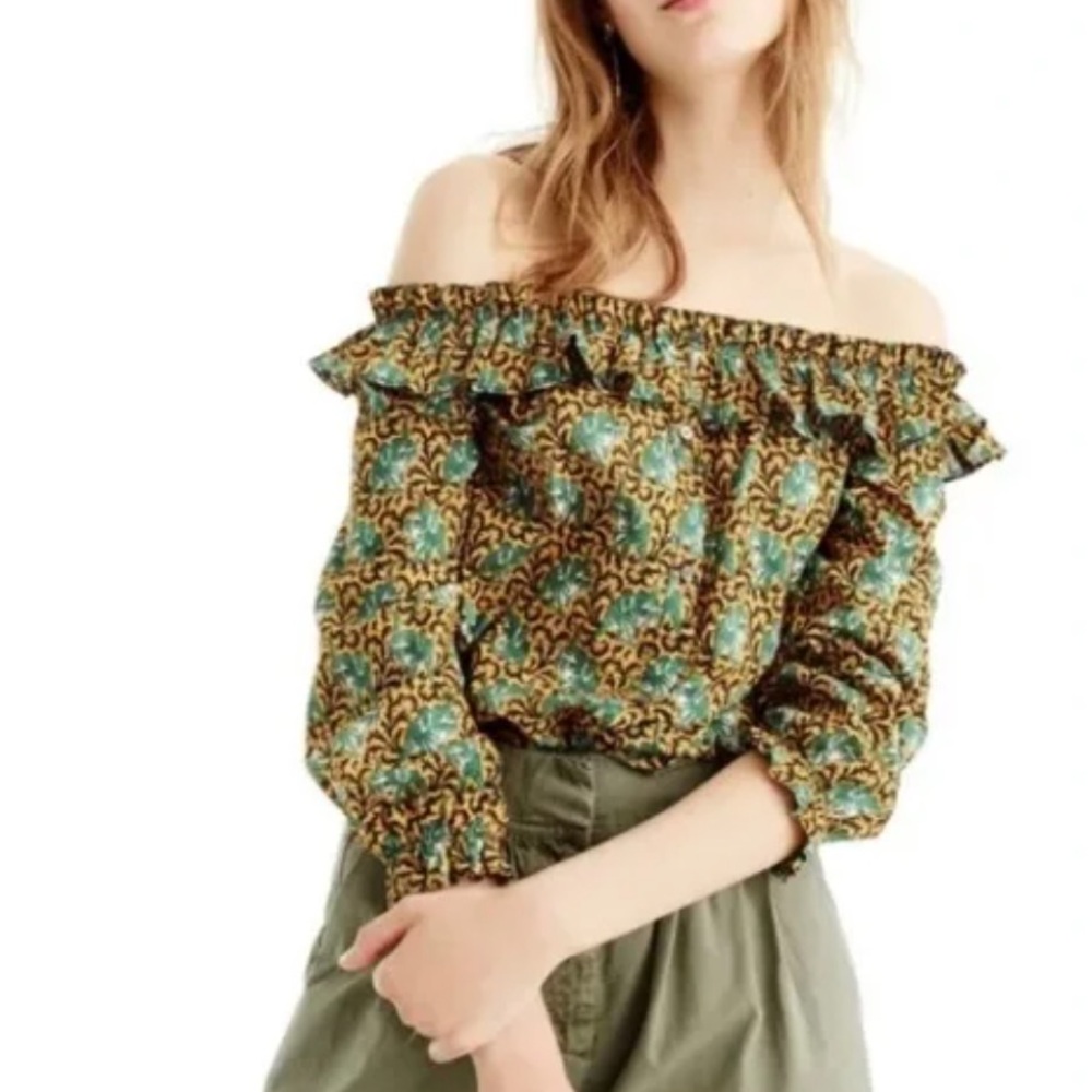 J Crew Elephant Print Off the Shoulder Ratti Blouse size 0
